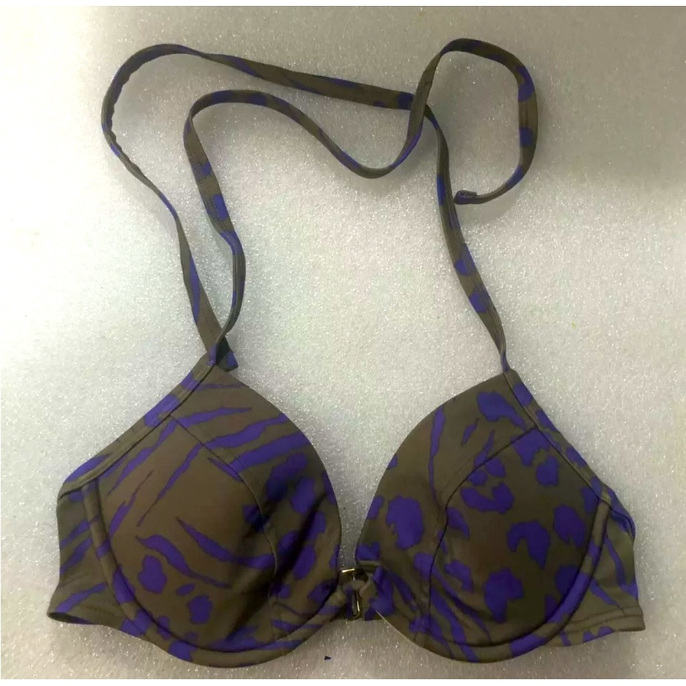 Vtg Victorias Secret Halter Bikini Top 32B  Blue/Gray Floral U/W Padded Plunge
